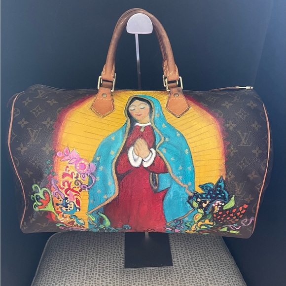 Authentic LOUIS VUITTON SPEEDY 40 custom painted Virgin Mary - Picture 5 of 7